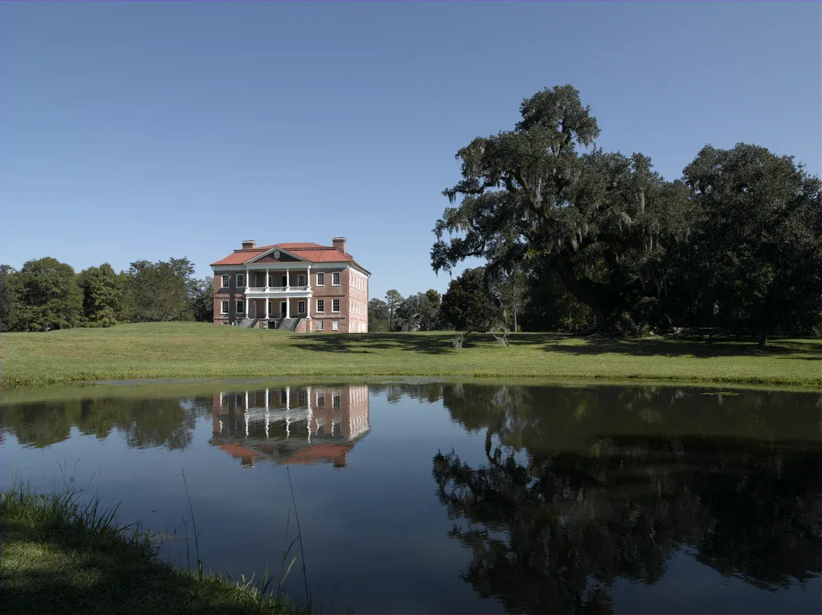 Drayton Hall plantation house across a pond near Charleston, South Carolina