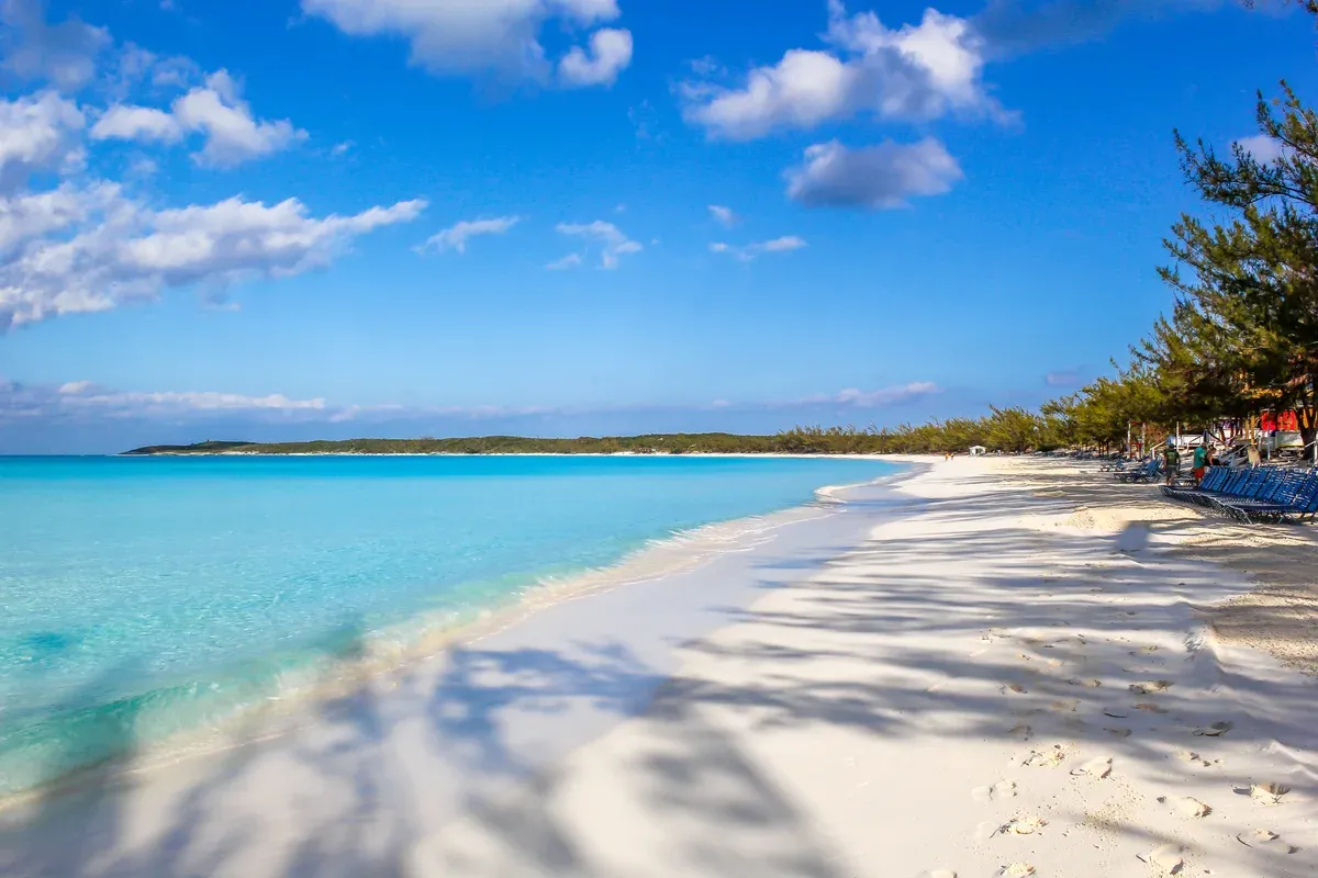White sand beach on Half Moon Cay in the Bahamas, a port of call on a Bahamas cruise from Charleston