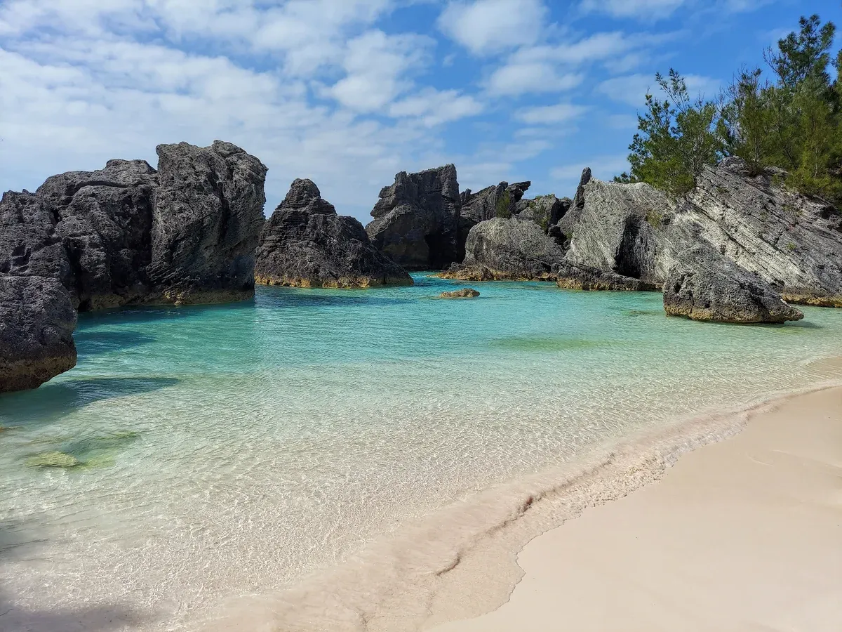 Turquoise water and rocks at Horseshoe Bay Cove in Bermuda, a beach stop on a Bermuda cruise from Charleston
