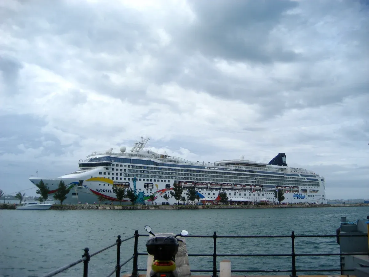 Norwegian Dawn cruise ship docked at King's Wharf in the Royal Naval Dockyard, Bermuda, port of call on a Bermuda cruise from Charleston