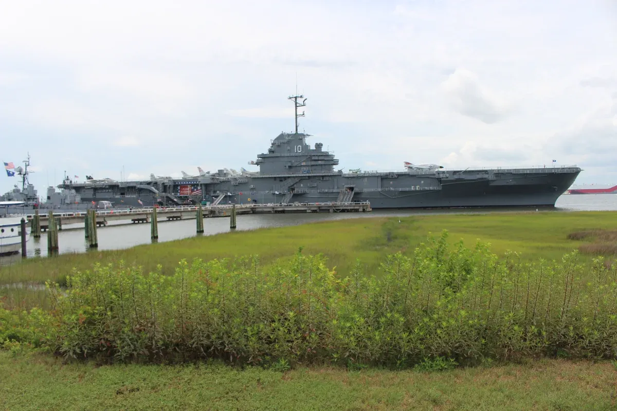 USS Yorktown at Patriots Point seen from the water on a Charleston harbor dinner cruise